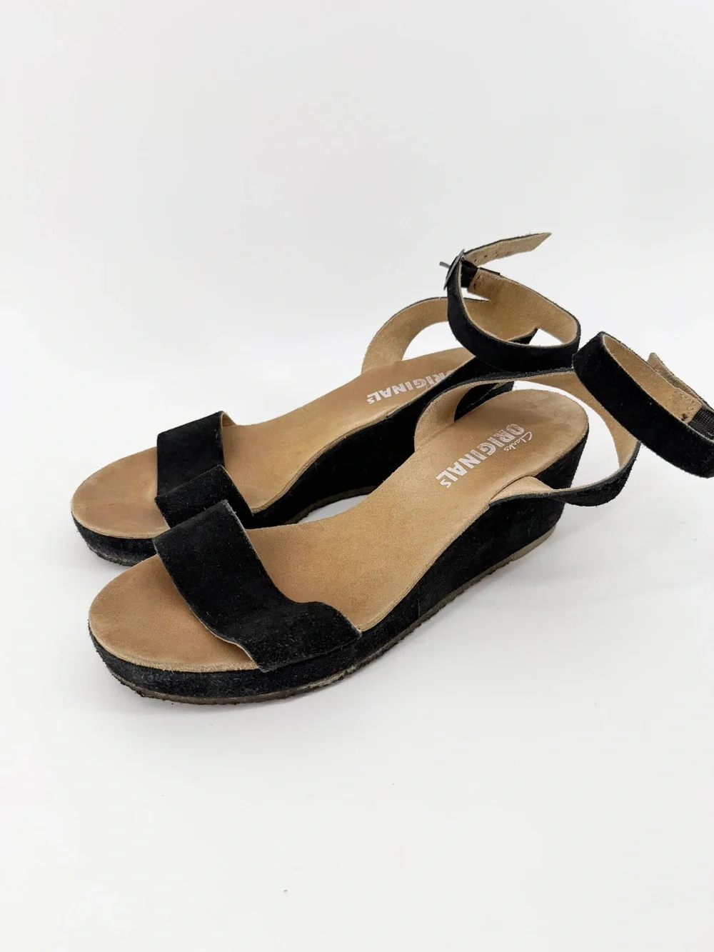 Clarks Originals Women Size 9 Black Suede Ankle Strap Platform Wedge Sandals